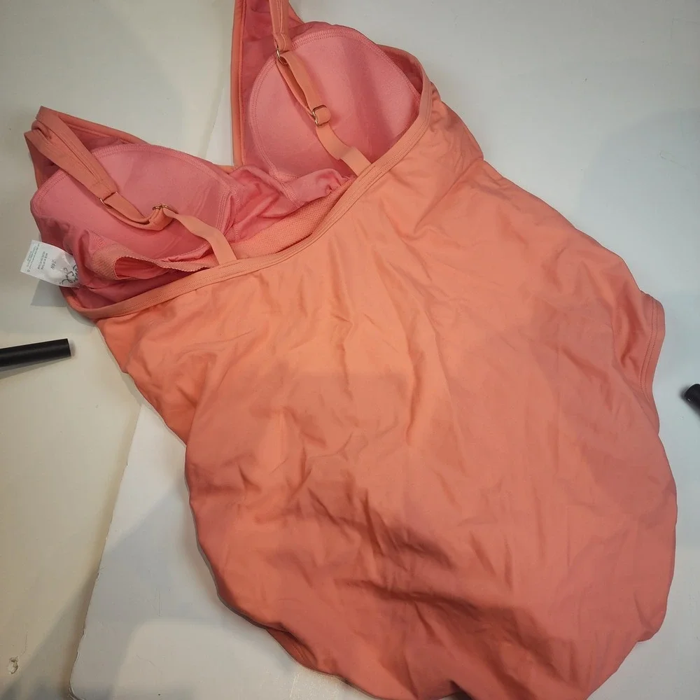 Kona Sol Swimsuit Women 24W Peach Orange Ruched Padded Classic Tropical 891 NWOT